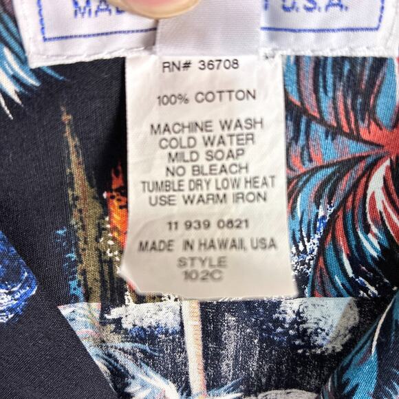 VTG Kai Nani Hawaiian Shirt Mens M Black Blue Palms AOP Beach Tropical Aloha USA - Picture 8 of 8